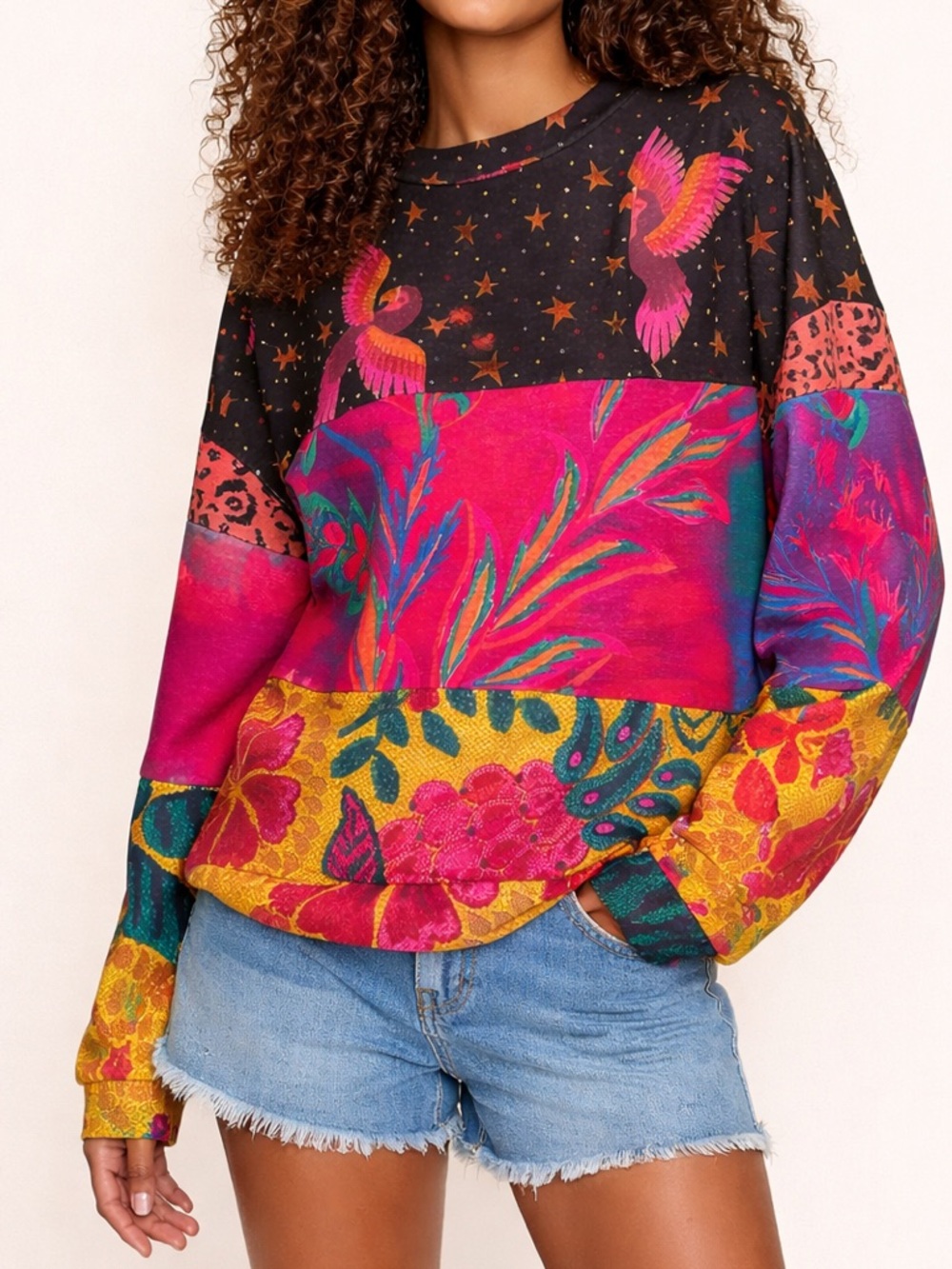 FARM Rio Patchwork Bird Print Sweatshirt Pullover Top Medium M Colorful